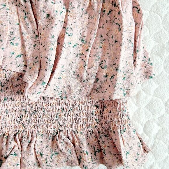 American Eagle assymetrical floral top blouse ruffle smocked flowers small pink - Picture 2 of 6